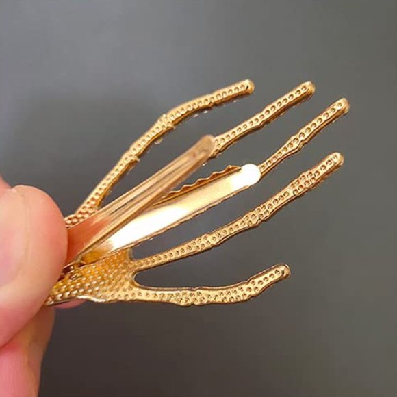 Gold Pave Rhinestone Black Fingernails Goth Glam Skeleton Hand Hair Clip New - Picture 4 of 7